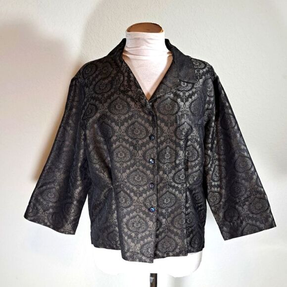 Chico’s Design Vintage Women’s Jacket Brown Damask Print Pocket Size 2 = M 10/12 - Picture 1 of 11